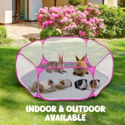 Pawaboo Small Animals Playpen with Pad, Waterproof Small Pet Cage Tent with Reusable Pad, Portable Outdoor Yard Fence for Chick/Kitten/Puppy/Guinea Pig/Rabbits/Chinchillas, Pink + Gray - color: Pink + Gray