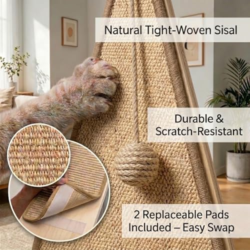 Corner Cat Scratcher–26in Tall Cat Scratching Post, Space Saving Leaning Cat Tree Protects Furniture, Multi-Level Solid Wood with Natural Sisal, Wall Corner Cat Scratch Post for Indoor Cats