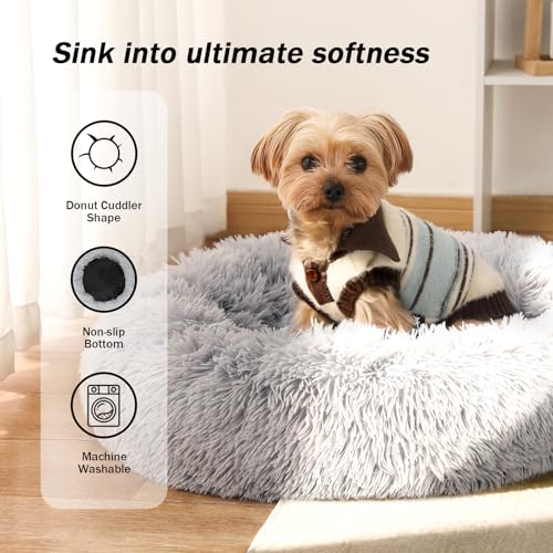 Calming Donut Dog Bed for Small to Medium Dogs & Cats - Plush Faux Fur Anti-Anxiety Pet Bed with Machine Washable Cover & Non-Slip Base - color: Light gray, size: Small 19.6''