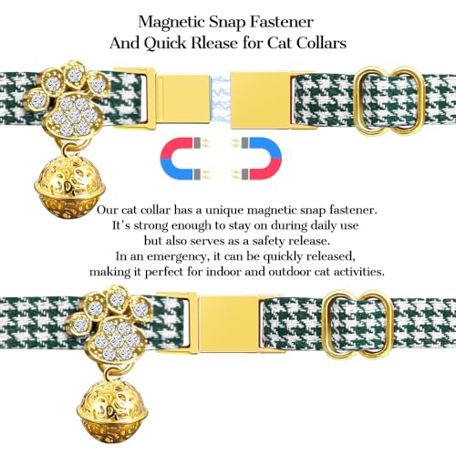 Personalized Breakaway Cat Collars - Magnetic Buckle, Bell - Safety Quick Release, Customized for Girls & Boys Cats- (Houndstooth-Green) - color: Houndstooth-Green