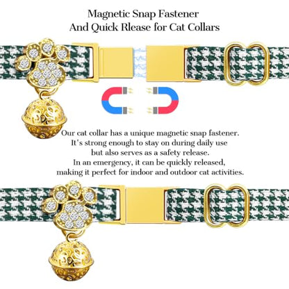 Personalized Breakaway Cat Collars - Magnetic Buckle, Bell - Safety Quick Release, Customized for Girls & Boys Cats- (Houndstooth-Green) - color: Houndstooth-Green