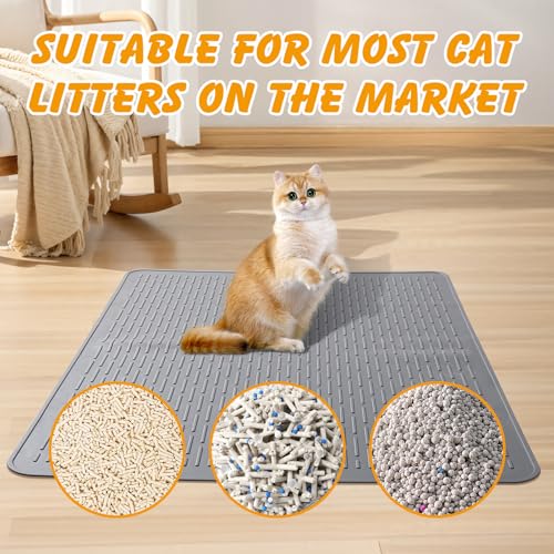 Silicone Cat Litter Mat, 28x20 in Waterproof Litter Box Mat Cats Feeding Mats with Raised Edges, Quick Clean Desig (Grey) - size: 28"L x 20"W