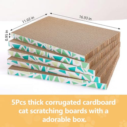 Cat Scratch Pad with Box, 5 Packs in 1 Cat Scratcher Board for Indoor Cats, Reversible Heavy-Duty Corrugated Scratching Board for Cats, Medium and Small Cats, Furniture Protection
