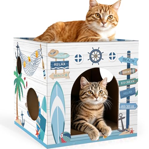 Cinrobiye Cardboard Cat House with 2 Pcs Scratching Pad，Pet Hideaway Cave Board Bed Playhouse Condo Box Decor Small Animals Scratcher Bed for Indoor Cats Kittens Rabbits Bunny - color: Blue