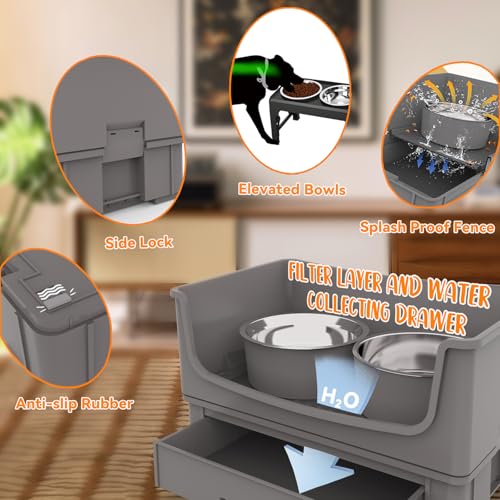 Elevated Dog Bowl Stand Set,Quiet Eating Mess Proof Raised Dog Bowls 2 Stainless Steel Pet Food Bowls,Splash Water Collection Non-Slip Medium Sized Feeding Table - color: Grey, size: Medium
