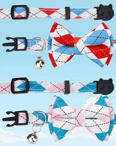 Cat Collar with Bow Tie 2pcs Set Bell Boy Girl Kitten Safety Plaid Grid Checkered Solid Color Suede Velvet Cute Soft Gift C-[2pcs] Argyle - color: Style C-[2pcs] Argyle