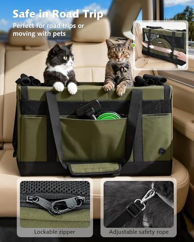 Pecute Dual Compartment Pet Carrier for Multi-Cat Families & Small Dog Owners, Collapsible Dog Crate with Reinforced Steel Frame, Car Safety Design for Travel, Vet Visits & Home Use, Green - color: Green