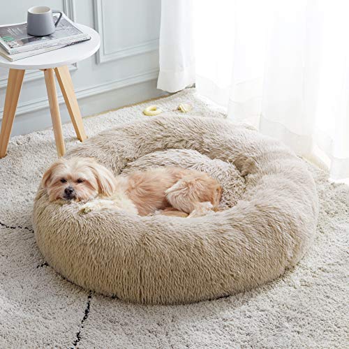 Calming Dog Bed & Cat Bed, Anti-Anxiety Donut Dog Cuddler Bed, Warming Cozy Soft Dog Round Bed, Fluffy Faux Fur Plush Dog Cat Cushion Bed for Small Medium Dogs and Cats (20"/24"/27"/30") - color: Brown, size: 27.0"L x 27.0"W x 8.0"Th