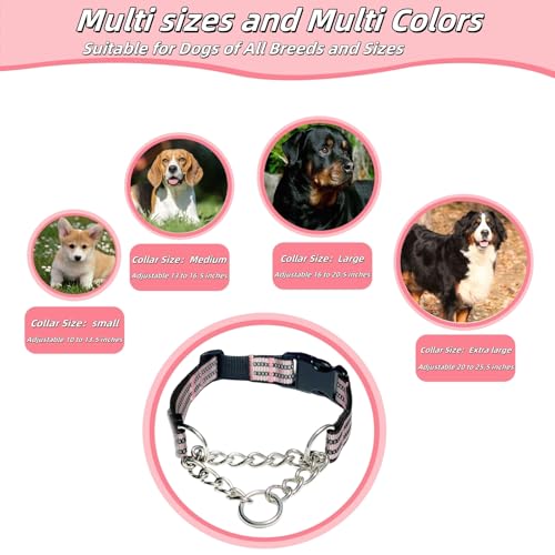 Martingale Dog Collars, Reflective Nylon Collar with Stainless Steel Chain, Adjustable Walking Training Dog Collars with Quick Release Buckle, Suitable for Small Medium Large Dogs(Pink,L) - color: Pink, size: Large-(dog's neck 16~20.5inches)