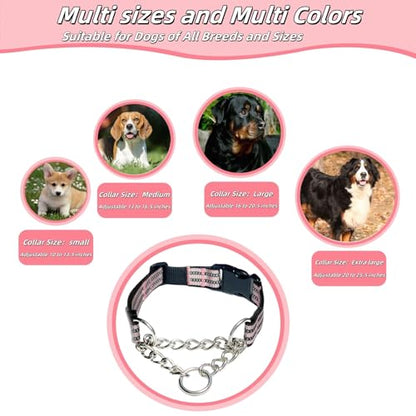Martingale Dog Collars, Reflective Nylon Collar with Stainless Steel Chain, Adjustable Walking Training Dog Collars with Quick Release Buckle, Suitable for Small Medium Large Dogs(Pink,L) - color: Pink, size: Large-(dog's neck 16~20.5inches)
