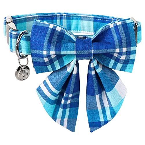 DOGWONG Cotton Blue Plaid Dog Collar, Cotton Dog Collar with Bow Cute Boy Dog Collar Puppy Necklace for Female Small Medium Large Dogs - color: C: blue plaid sailor bow, size: XS
