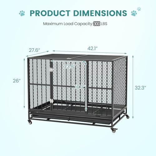42 Inch Heavy Duty Dog Crate, Folding Dog Kennel for Medium/Small Dogs, Metal Dog Cage with Lockable Wheels, Dual Locks, Removable Tray, Easy Assembly - size: 42.1"L x 27.6"W x 32.3"H