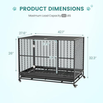 42 Inch Heavy Duty Dog Crate, Folding Dog Kennel for Medium/Small Dogs, Metal Dog Cage with Lockable Wheels, Dual Locks, Removable Tray, Easy Assembly - size: 42.1"L x 27.6"W x 32.3"H