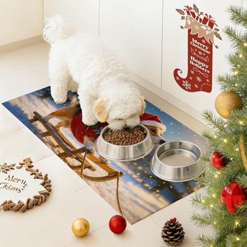 HOMETITUTE Cute Winter Dog Pet Food Mat Merry Christmas Spill-Proof Pet Feeding Mat Winter Holiday Cat Water Bowl Mats 20" x 12" Christmas Pet Placemat Cat and Dog Accessories - color: Orange