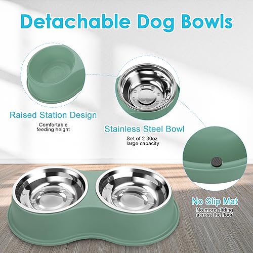 EpetsLove Large Double Dog Water and Food Bowls, Stainless Steel Bowls with Non-Slip Resin Station, Pet Feeder Bowls Food Dish for Small Medium Large Dogs Cats - color: 6.Green, size: Large-34oz