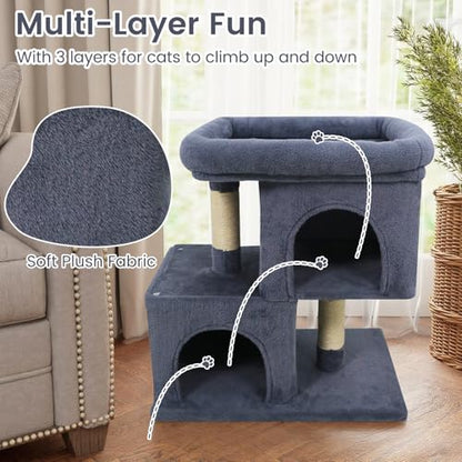 Tangkula Small Cat Tree for Indoor Cats, 25.5 Inch Cat Tower with Sisal Scratching Posts, 2 Large Cat Condos with Padded Top Perch, Modern Cat Climbing Furniture for Adult Cats & Kittens (Dark Gray) - color: Dark Gray