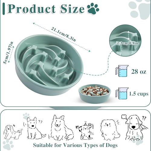 Ceramic Slow Feeder Dog Bowls, 1.5 Cups Dog Food Dish for Medium and Large Breed, Puzzle Dog Food Bowl for Fast Eater, 28OZ, 8.15 inch(Light Green) - color: Light Green-L