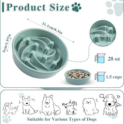 Ceramic Slow Feeder Dog Bowls, 1.5 Cups Dog Food Dish for Medium and Large Breed, Puzzle Dog Food Bowl for Fast Eater, 28OZ, 8.15 inch(Light Green) - color: Light Green-L