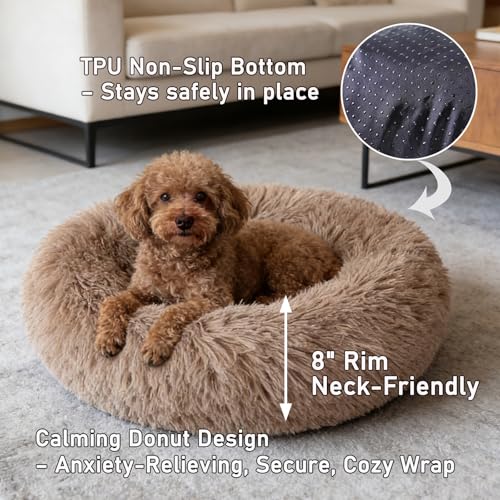 Calming Donut Dog Bed Medium Size Dog - Washable Removable Cover Non-Slip Bottom, Round Pet Bed Cat Bed Warming Fluffy Plush Faux Fur Anti-Anxiety, Fits up to 45 lbs (Camel, 30") - color: Camel, size: 30"L x 30"W x 8"Th