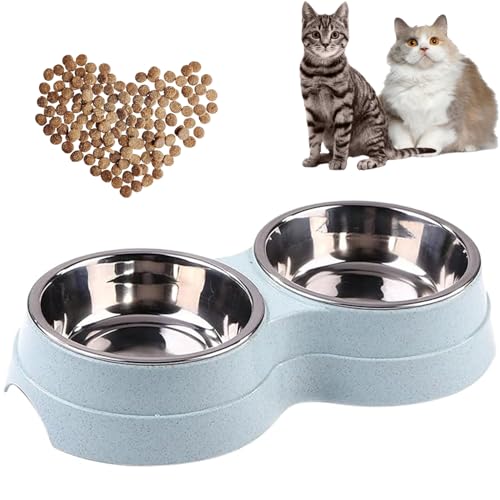 Double Cat Food Bowl -Stainless Steel Bowls with Easy-to-Clean Detachable Design, Non-Slip Base, Pet Feeder for Kittens and Medium Cats (Blue) - color: Blue
