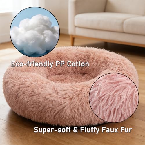 Calming Donut Dog Beds Large Sized Dog - Washable Removable Cover Non-Slip, Round Pet Bed Warming Fluffy Plush Faux Fur Anti-Anxiety Thick Cushion, Fits up to 80 lbs (Blush, 36") - color: Blush, size: 36"L x 36"W x 8"Th
