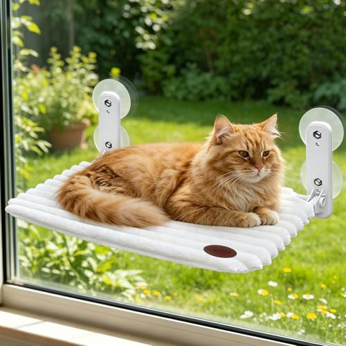 Woochpet Cat Window Perch Bed,Foldable Kitty Windowsill Hammock Shelf Seat,Kitten Window Sill Lounger with Soft Rabbit Fur Cover Cushion Machine Washable,Solid Metal Frame and Strong Suction Cups