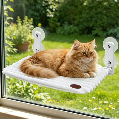 Woochpet Cat Window Perch Bed,Foldable Kitty Windowsill Hammock Shelf Seat,Kitten Window Sill Lounger with Soft Rabbit Fur Cover Cushion Machine Washable,Solid Metal Frame and Strong Suction Cups