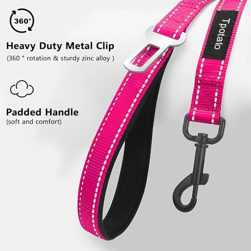 6 Foot Fuchsia Dog Leashes for Large Medium and Small Breed Dogs That Pull,Reflective Nylon Heavy Duty Dog Leash with 2 Comfortable Padded Traffic Handles and Car Seat Belt for Walking and Training - color: Fuchsia