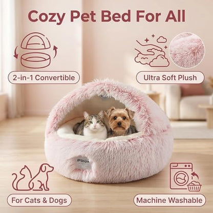 Hooded Dog Bed, Cat Cave Bed with Removable Hood, 2-in-1 Convertible Donut Cat Bed, All Season Fluffy Pet Bed for Cats Small Dogs (Cave Bed - Pink, Medium 19.7 Inches) - color: Cave bed - pink, size: 19.7 in Medium