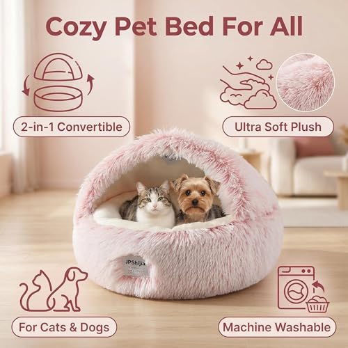 Hooded Dog Bed, Cat Cave Bed with Removable Hood, 2-in-1 Convertible Donut Cat Bed, All Season Fluffy Pet Bed for Cats Small Dogs (Cave Bed - Pink, Large Size 23.6 in) - color: Cave bed - pink, size: 23.6 in Large size