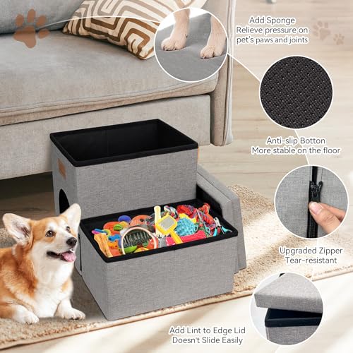 Zerbuger Dog Stairs 15" H, 2-Step Wider Dog Steps for Small/Medium/Large Old Dogs Cats, Folding Sturdy Storage Pet Stairs Climbing Bed Couch, Dog Ramp for Car Hold Up to 150 lbs(Gray, with Condo)