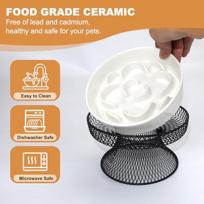 Raised Ceramic Cat Slow Feeder Bowl Elevated Food Bowl with Stand, Cat Slow Bowl for Wet Food and Dry Food, Whisker Friendly Pet Feeder for Kitty and Small Dog - color: Pink