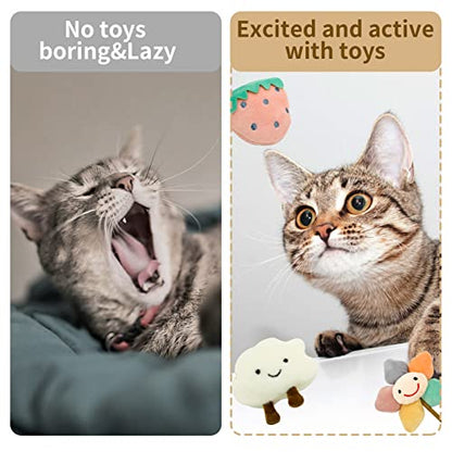 Kitten Chew Toys for Teething with Catnip – 3Pcs Bite Resistant Plush Cat Toys (Strawberry, Cloud Bell, Sunflower Stick) - style: Kitten Chew Toys