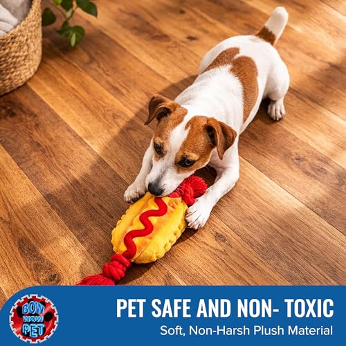 Bow Wow - Hot Dog Squeaky Plush Dog & Cat Toy with Crinkle Sound | Soft Chew Interactive Pet Toy | Small to Medium Dogs & Cats | Food Shape Plush Toy for Tug, Toss & Fetch | Canvas & Plush - color: Hot Dog