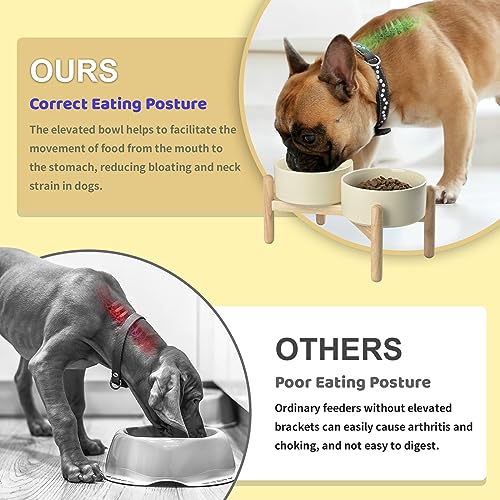 SPUNKYJUNKY Ceramics Elevated Dog Bowls with Wooden Stand - Raised Double 60OZ Cream White Bowls for Medium Large Dogs - color: Cream White (Double Bowls Set), size: Large - 7.6 CUPS