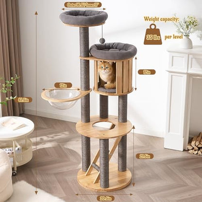 Modern Cat Tree Tower with Scratching Post, 61.5in Tall Cat Tree for Indoor Cats, Multi-Level Solid Wood Cat Furniture with Ladder, Cozy Cat Beds, Cat Condo, Capsule Nest, Dangling Toy, Gray - color: 61.5"Gray