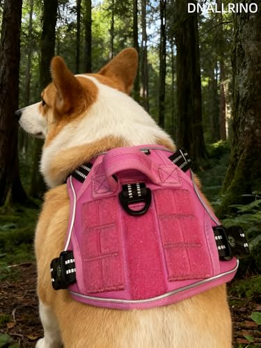Tactical Dog Harness for Medium & Large Dogs, Rose Pink Adjustable No-Pull Control with Handle, Heavy Duty Reflective Vest - Size M - color: ROSE PINK, size: Medium