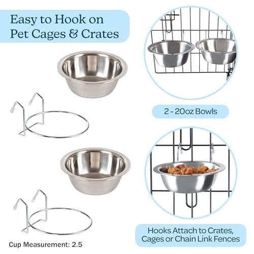 Set of 2 Stainless-Steel Dog Bowls - Cage, Kennel, and Crate Hanging Pet Bowls for Food and Water - 20oz Each and Dishwasher Safe by PETMAKER,Silver - size: 20 oz
