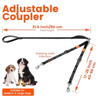 Double Dog Leash, No Tangle 360° Swivel, Adjustable Two Padded Handles, Double Clip Dog Leash Coupler Splitter Breeds (Black, 4/5'' x 4.8 FT, Ultralight) - color: Black, size: Pro M/L Handle
