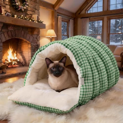 Small Cat Dog Cave Bed Calming Pet Nest Warm Plush Covered Cat House with Hooded Blanket Removable Hooded Blanket Cushion Washable Soft Calming Indoor Cat Bed (Green, Medium) - color: Green, size: Medium