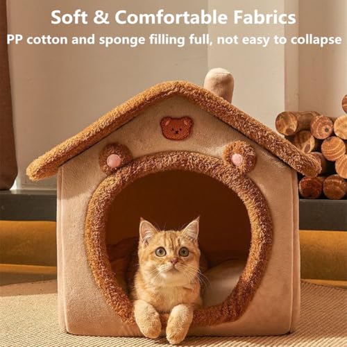 Cat Bed for Indoor Cats, Cozy Cave Bed Cat House Cats Tent with Removable Cushion Pillow, Soft Warm Pet House, Cute Bear Pet Nest for Kitten Small Dogs (Brown, M-18.1x14.57x15.75 Inches) - size: M-18.1x14.57x15.75 Inches