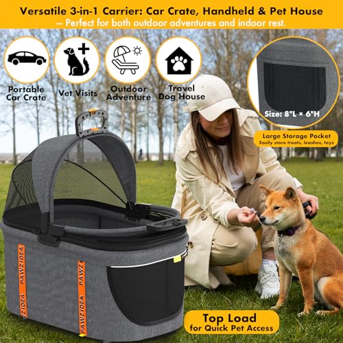 PAWZIDEA Portable Small Dog Crate for Car Travel up 33lbs, Enclosed Dog Car Seat Soft-Sided, Escape-Proof Reversible No-Zip Canopy, Foldable Pet Carrier Seatbelt for Small Medium Puppies & Cats Kennel - color: Mid-Hemp Grey, Small/Medium