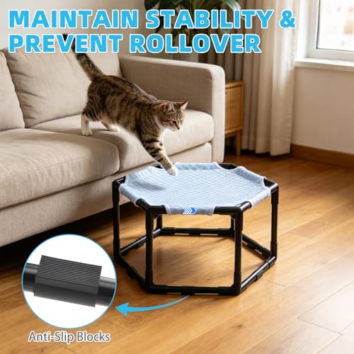 Elevated Cat Cooling Hammock Bed, Hexagonal Raised Cat Cot with Breathable Ice Beanie Fabric and Anti Slip Block, Cooling Pad Mat Indoor Outdoor Stable Pet Swing Bed for Small Puppy, Blue - color: Blue