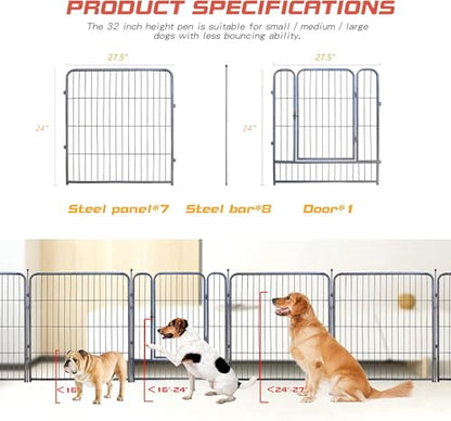 Dog Playpen,24/32/40 Inch Height in Heavy Duty,Folding Indoor Outdoor Dog Exercise Fence, Portable Pet Playpen with Door for Large Medium Dogs - Silver Gray (8 Panels, 24 inch) - style: 24 Inch