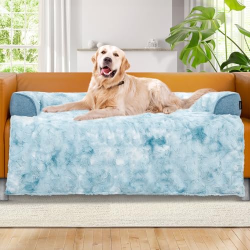 Calming Extra Large Dog Couch Bed for Dogs, 45 x 37 inch Waterproof Removable Pet Mat Couch Cover for Furniture Protector, Non-Slip Fluffy Pelsbarn Dog Bed for Couch, Sofa, Car - Tie-Dye Blue - color: Tie-Dry Blue, size: X-Large