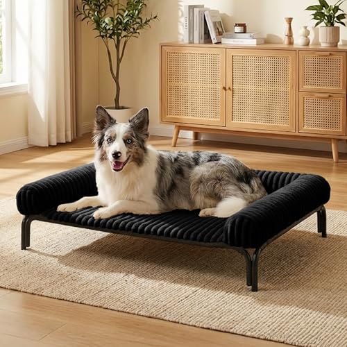 Elevated Dog Bed with Removable Fluffy Pillow Cushion, Raised Pet Cot Washable Bolster, Dog Couch Sofa, Anti Slip Feet, Breathable Mesh, Matte Black, 49"×36" - color: matte black, size: Xl(49"×36"×8")