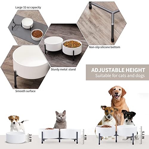 32 oz Ceramic Dog Cat Bowl Set of 2 with Elevated Metal Stand - 6 Inch Ceramic Round Pet Food and Water Feeder Bowl Dish for Cats & Dogs - White