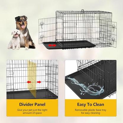 24/7 Shop at Home Gossamer Metal Double Door Folding Wire Pet Crate with Divider, Removable Tray, and Handle for Outdoor and Indoor Medium Dog, 48-inch, Black - size: 47.2"L x 28.9"W x 30.9"H