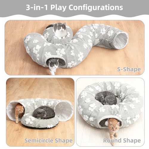 Cat Tunnel Bed for Indoor Cats- Cute Cat Dount Play Tunnel, Soft Plush Peekaboo Kitten Cave with Washable Cushion, Collapsible Multifunctional Round Pet Playground Toys for Kitty Small Puppy Rabbit - color: Gray Paw