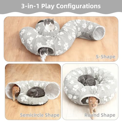 Cat Tunnel Bed for Indoor Cats- Cute Cat Dount Play Tunnel, Soft Plush Peekaboo Kitten Cave with Washable Cushion, Collapsible Multifunctional Round Pet Playground Toys for Kitty Small Puppy Rabbit - color: Gray Paw